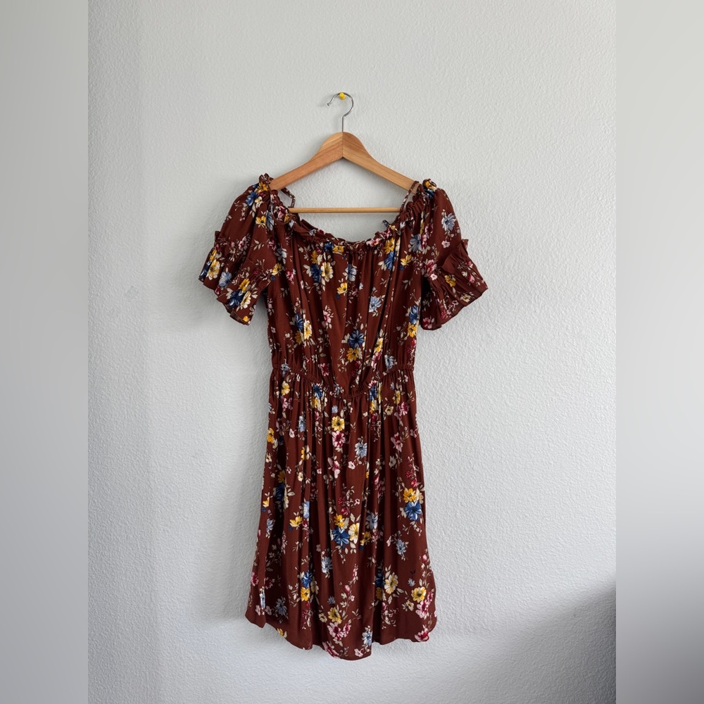 Bershka Off shoulder Floral Brown Dress
